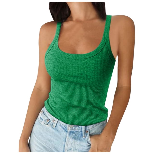 Women Spaghetti Strap Scoop Neck Ribbed Tank Tops Slim Fitted Cotton Camisole Basic Sleeveless Layering Shirts