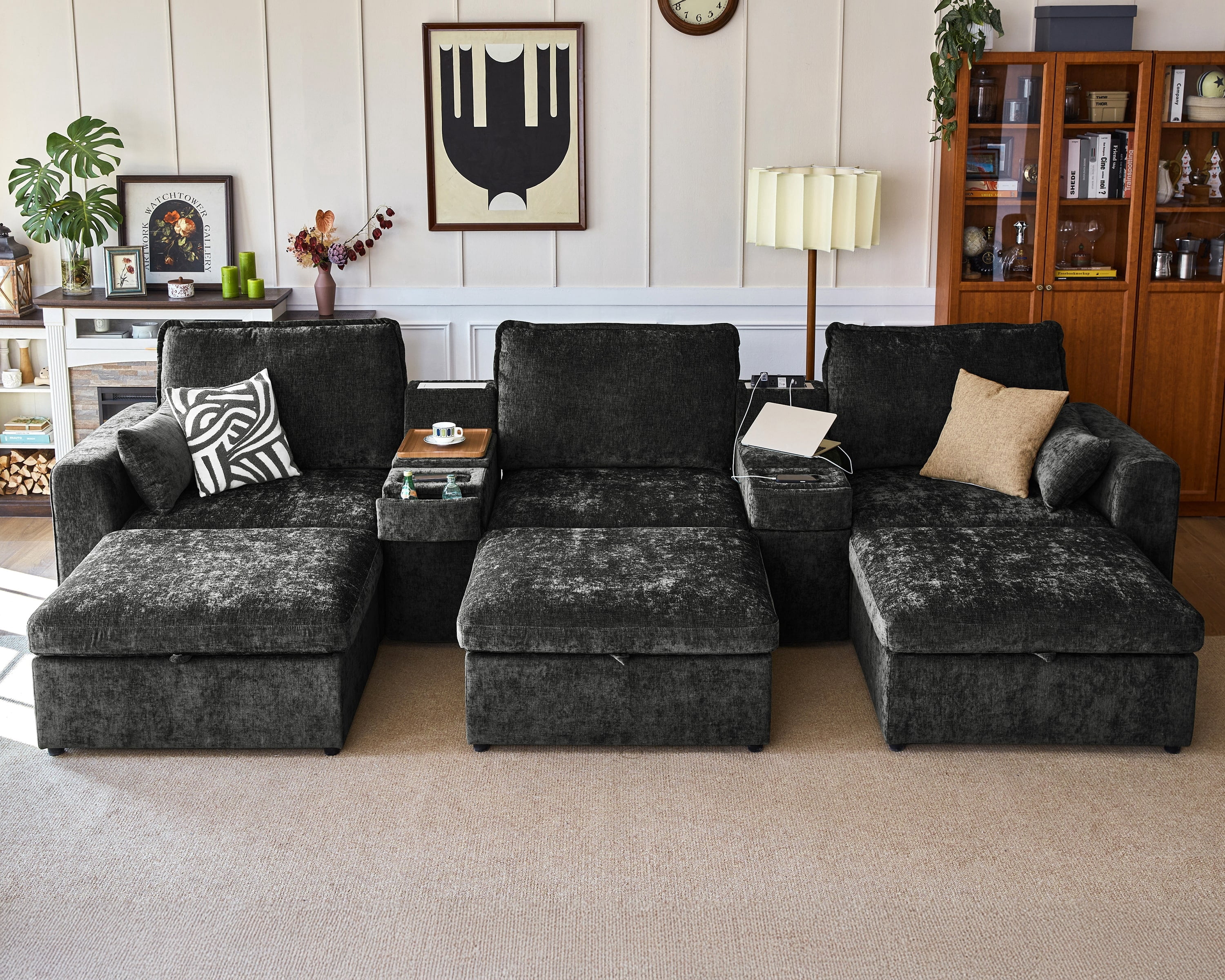 BEDEEP 152.4'' Modular Sectional Sofa with Console Charging Station, U Shaped Chenille Cloud Couch with Storage Ottoman, Convertible 6-Seat Deep Sofa with Chaise for Living Room, Black