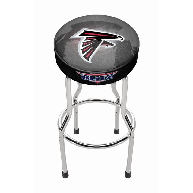 Arcade1UP Atlanta Falcons Adjustable Pub Stool with chrome-plated steel frame and high-density foam padding. Officially licensed by the NFL, it features the Atlanta Falcons logo on the seat and a Blitz design below. Adjustable height from 21.5” to 29.5” with included leg extenders, making it ideal for Arcade1Up cabinets with or without risers. Perfect for arcade furniture setups or game rooms, combining comfort and team spirit.