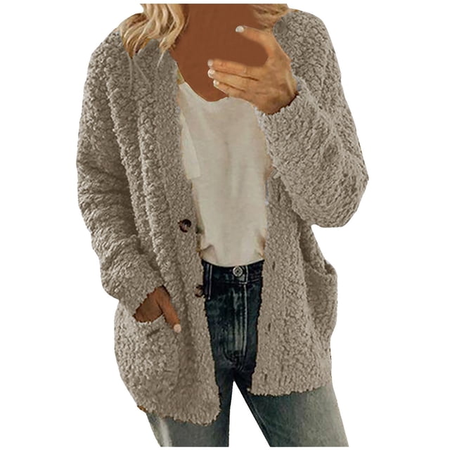 Trendy Fuzzy Sweaters for Women Button Down Open Front Cardigan Loose Outerwear Cardigan with Pockets