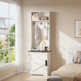 thumbnail image 3 of 77" Freestanding Entryway Hall Tree with Shoe Storage, Space-Saving Coat Rack Featuring 5 Hooks, 2 Open Cubbies and Shoe Cabinet for Hallway, Living Room and Mudroom, White/Brown, 3 of 9