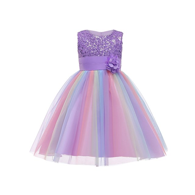 Xingqing Robe Formelle Sans Manches à Sequins Fleuris Col Rond pour Bébé Fille Jupe Ligne A Princesse Arc-en-Ciel