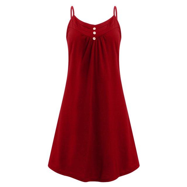 Innerwin Strappy Slip Dresses Spaghetti Strap Ladies Short Mini Dress Party Button Baggy Swing A-Line Sundress Wine Red L