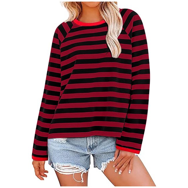 Hauts pour Femmes à Rayures Col Ras du Cou Manches Longues T-Shirts à Blocs de Couleur Automne Décontracté Ample Confortable Blouse