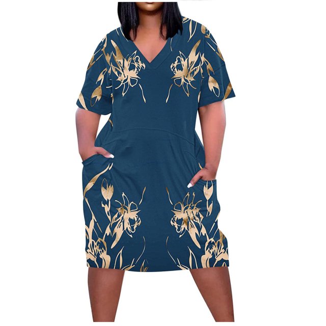 Pisexur Robes d'Été pour Femmes Mode à Imprimé Floral Robe Soleil Décontractée Ample à Col en V à Manches Courtes Robes T-Shirt Fluides Surdimensionnées Robe de Plage avec Poches Grande Taille Robe Mi-Mollet L-5TG