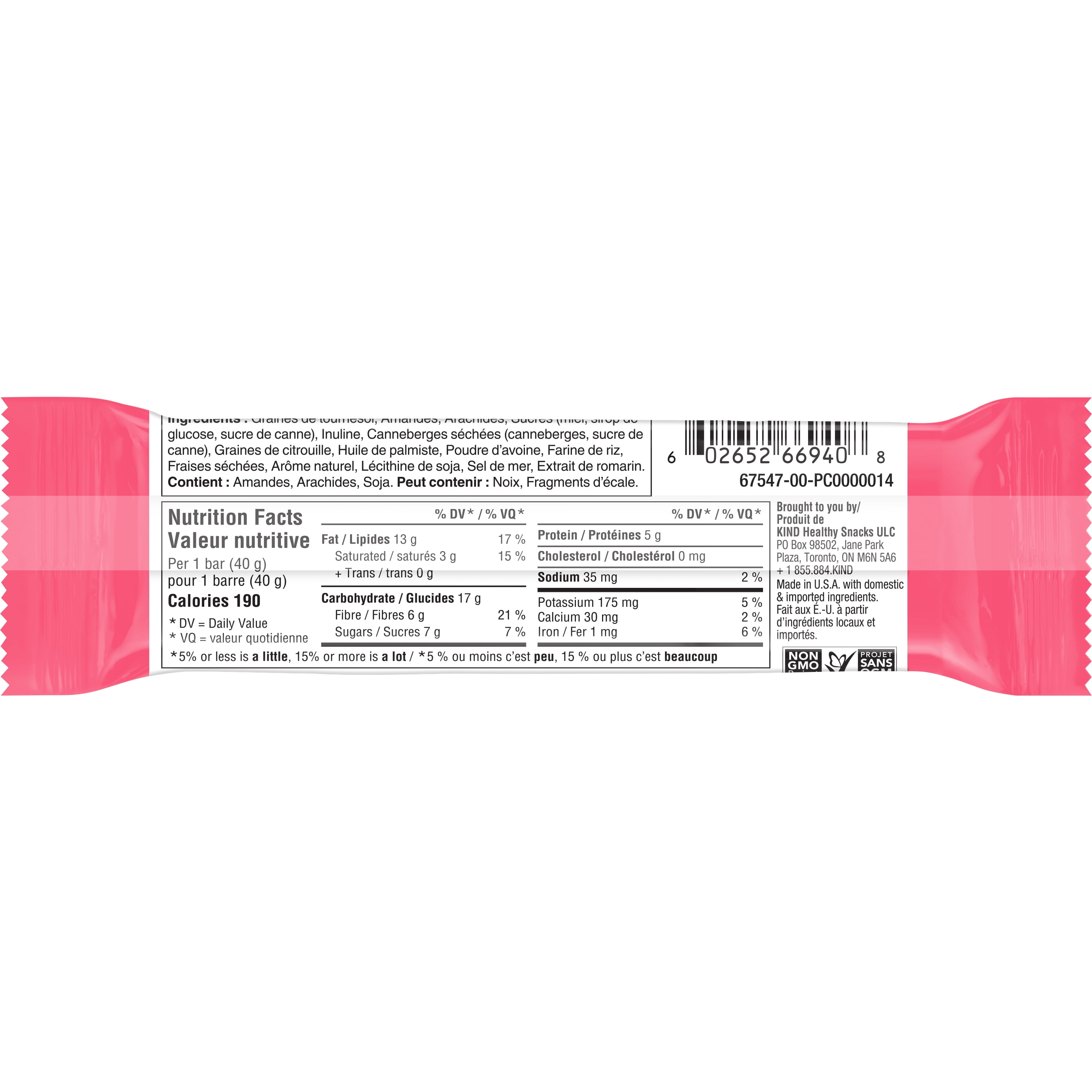 KIND Barres aux Graines Fruits & Noix, Graines de Tournesol & Fraise, 40g, 5 Barres