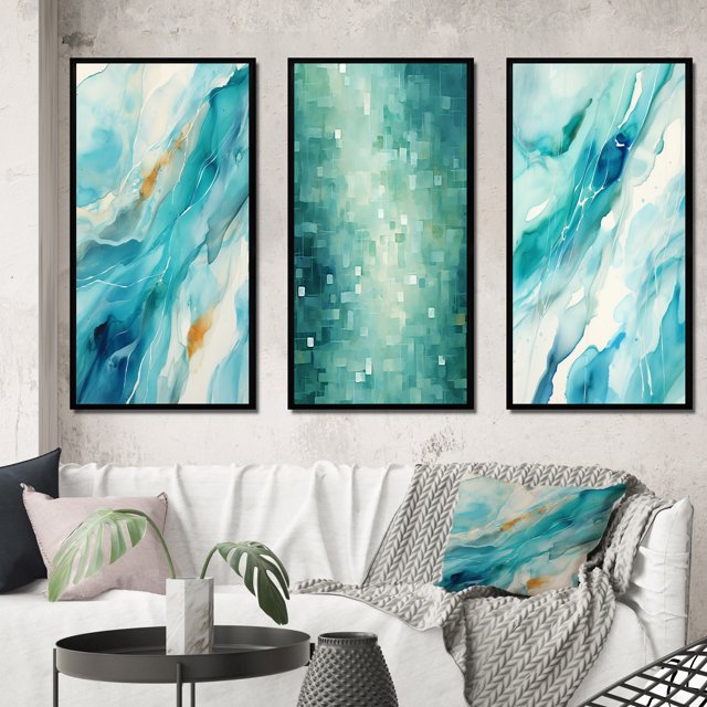 Designart "Turquoise Impressions Waves of Infinity VII" Abstract Painting Framed Wall Art Set Of 3 - Turquoise Modern Frame Gallery Set For Office Decor