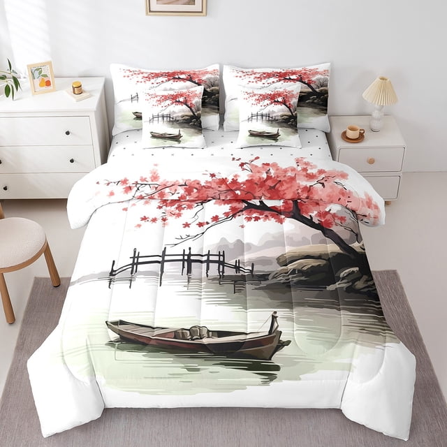 YST Eastern Oriental Style Comforter Set, Japanese Theme Cherry Blossoms, Polyester, King Size (7 Count)