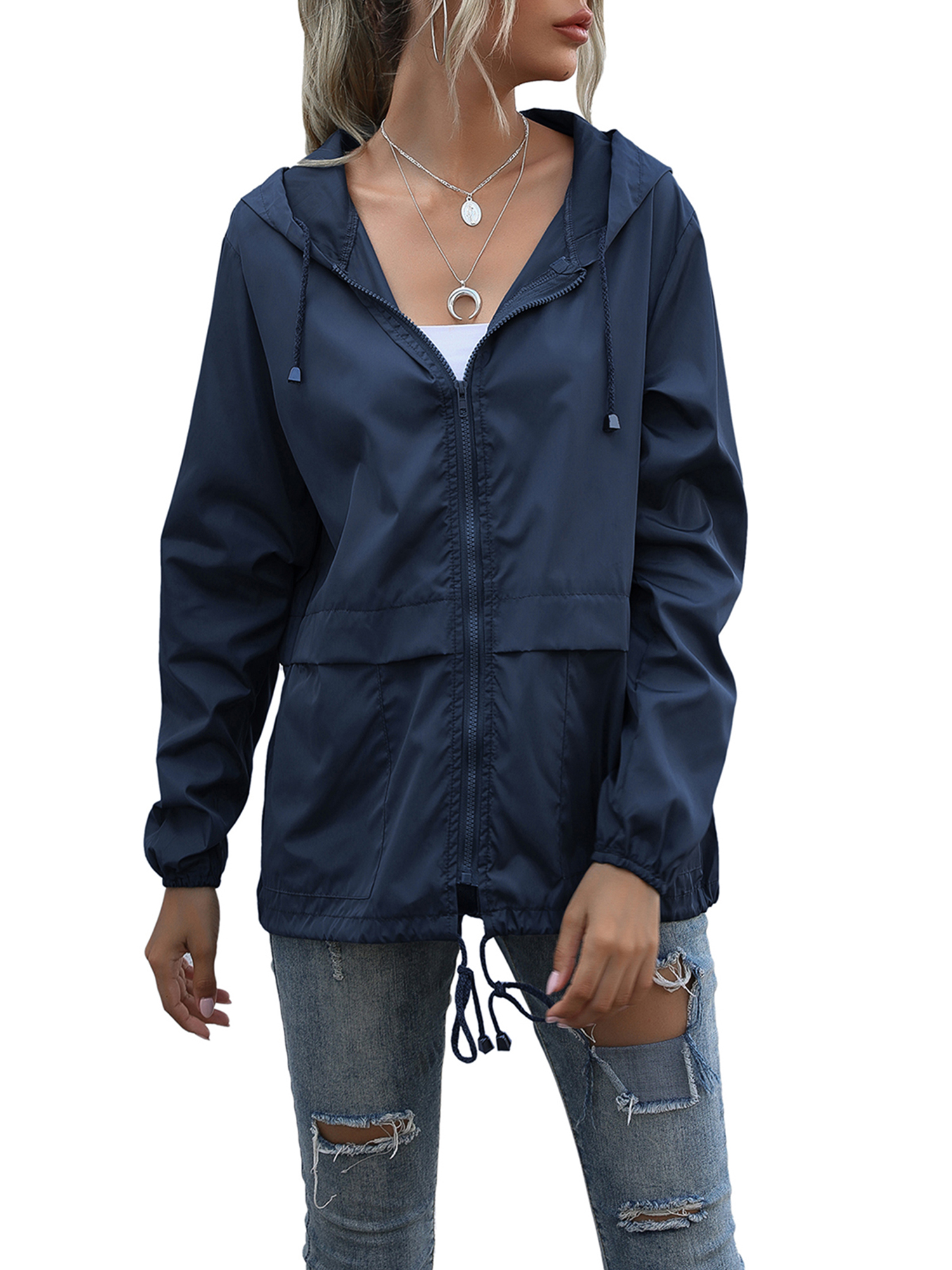 Women's Casual Hooded Jacket Lightweight Waterproof Rain Windbreaker Solid Color Zipper Drawstring Raincoat