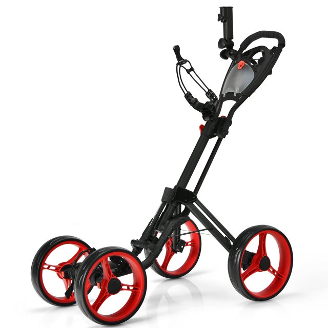 Gymax Chariot Pousse-Golf Pliant à 4 Roues avec Poignée Réglable Frein à Pied Rouge