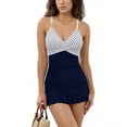 thumbnail image 4 of Amzcrzy Maillots de Bain pour Femmes avec Soutien-Gorge Intégré Mode Rayé à Blocs de Couleur une Pièce Maillot de Bain Col en V Bretelles Ajustables Robe de Bain Plissée avec Shorts TG, 4 of 7