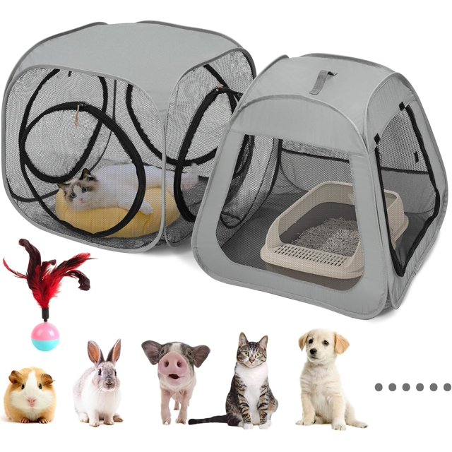 Parc pour Chat Portable à Conception Trapézoïdale pour Mieux Se Tenir, Tente Pliable pour Animal de Compagnie pour Utilisation Intérieure et Extérieure, Enclos de Jeu pour Chaton et Chiot avec Fond Amovible, Maisons pour Chat et