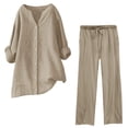 thumbnail image 1 of Timegard Womens 2 Piece Plus Size Sets Long Sleeve Notched V-Neck Button down Tops Drawstring Pants Lounge Sets, 1 of 3