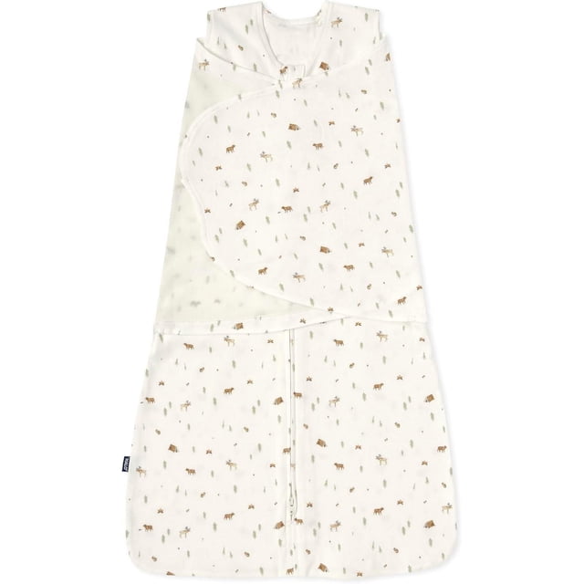 HALO® SleepSack® Emmaillotage, Couverture Portable 100 % Coton Blanche avec Motif de Terrain de Camping d'Orignal Brun, d'Ours, de Pins Verts et de Feux de Camp, avec Emmaillotage Ajustable 3 Directions et Fermeture Éclair avant Inversée pour des Changements de Couche Faciles, Conçue pour Favoriser un Sommeil Sécuritaire pour les Bébés.