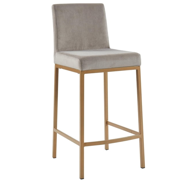 Set of 2 Contemporary Velvet & Metal 26'' Counter Stool in Grey & Gold Leg with a front-facing grey velvet upholstered seat and low back, medium-firm cushion, and matte gold metal frame with footrest, designed for counter height kitchen or bar seating, also suitable for casual dining or entertaining.