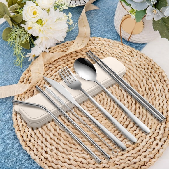 Birdeem Portable Cutlery Set,Stainless Steel Utensils with Storage Case,7-Piece Outdoor Dining Kit Including Chopsticks Spoon Fork Knife & Straws,Reusable and Compact for Travel Camping & Daily Use