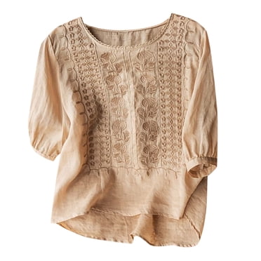 Women's Vintage Hollow Out Breathable Solid Color And Linen Short Sleeve T Shirt Long Fitted Shirts for Women Long Sleeve Casual T Shirt Women Women's Long Sleeved Shirts Shirts Women Casual Womens