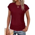 thumbnail image 3 of T-shirts d'Été pour Femmes Froncés à Manches Courtes Style Cap, T-Shirts à Col Rond, Mode Rouge Vin TTG, 3 of 6