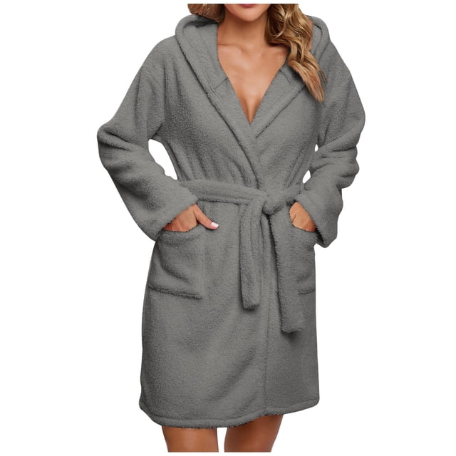 Penkiiy Womens Plush Soft Robe Warm Fleece Shawl Collar Bathrobe Fluffy Long Robes with Pockets 2XL Gray