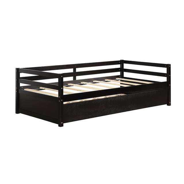 Costway Twin Size Trundle Daybed in espresso finish, featuring a wooden slat support frame with a pull-out trundle bed on casters. The multifunctional design allows it to be used as a sofa or two twin beds, ideal for bedrooms, guest rooms, or dormitories. The sturdy wood construction includes thick slats and solid legs for stability, supporting up to 175 lbs. The trundle bed fits neatly underneath for space-saving convenience.