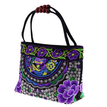KLKCMS Retro Ladies Handbag Double Faced Flower Embroidery Shoulder Bag 31x51cm # 7