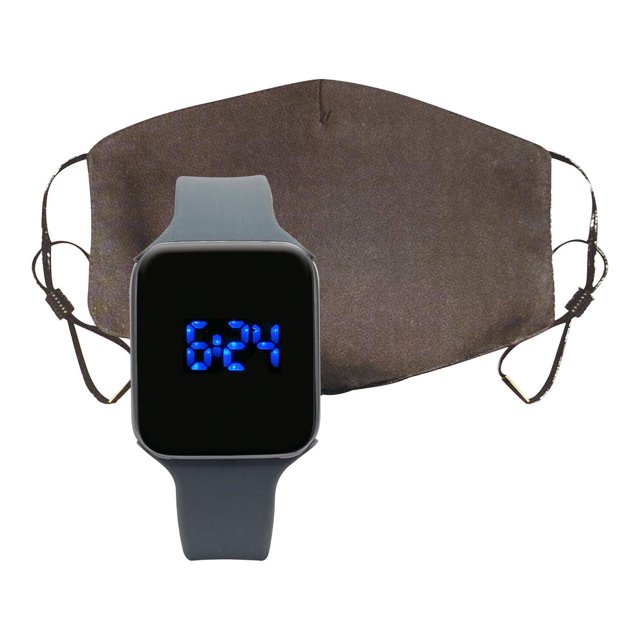 Montre de Température à DEL avec Masque Assorti, Dotée d'Un Bracelet Ajustable en silicone Gris et d'Un Affichage Numérique de l'Heure Bleu Lisant 6:24, Jumelée à un Masque Facial en Tissu Gris avec Boucles d'Oreille Ajustables, Conçue pour la Technologie Portable de Tous les Jours avec Surveillance de la Température Corporelle.
