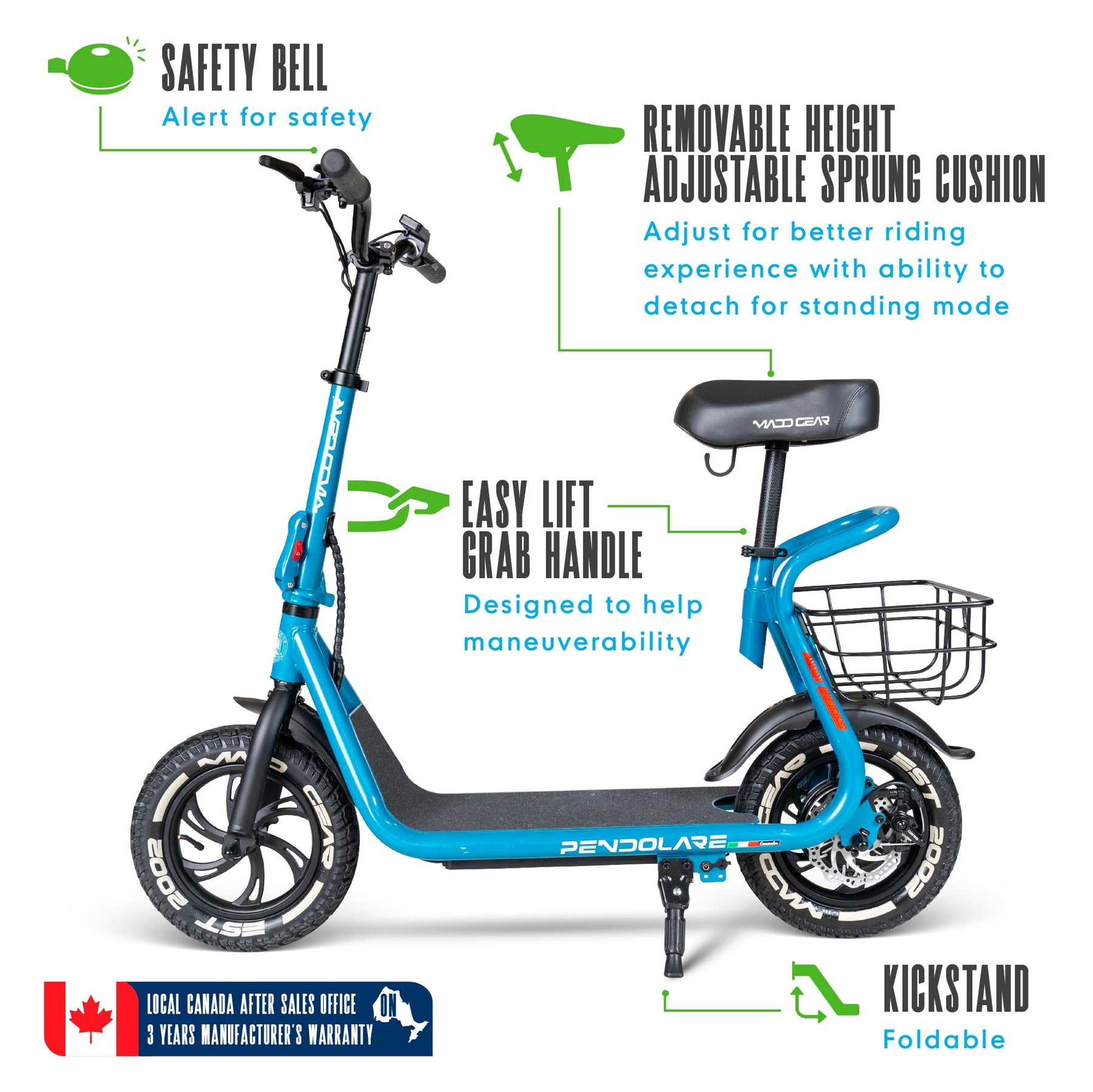 Madd Gear Pendolare Electric Scooter with Seat & Basket – 18 mile Range, 12" Tires, 350W/580W Peak Power Motor – Foldable Bar, 13 Years Plus