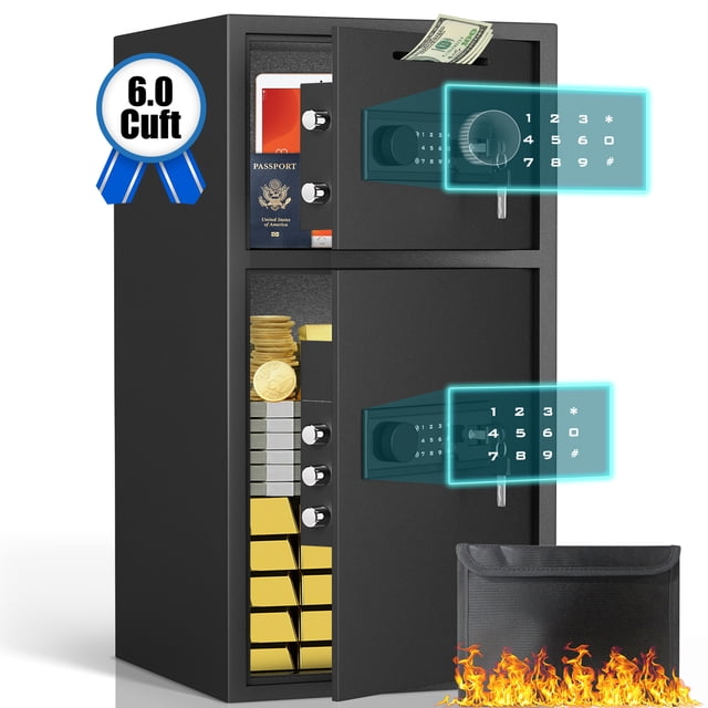 Omethey 6.0 Cu ft Large Digital Lock Home Safe featuring a dual-door design with a backlit keypad and deposit slot. The safe is constructed with low-carbon alloy steel, reinforced with 5 solid locking bolts and a 60mm thick steel door for anti-theft protection. The interior includes soft, scratch-resistant gray velvet lining and LED lighting for visibility. Shown storing valuables such as passports, cash, gold bars, and documents. Includes a fireproof pouch for added security.