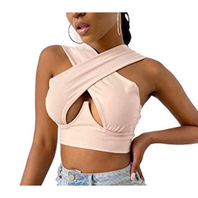Honganda Women's Criss Cross Tank Tops, Sleeveless Solid Color Cutout Crop Tops