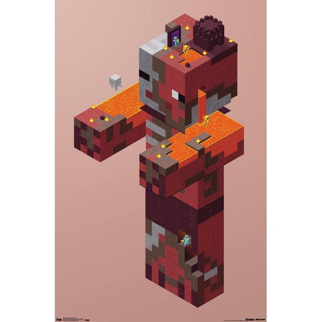 Minecraft - Pigman Nether Wall Poster, 22.375" x 34" depicts a pixelated 3D Pigman figure from Minecraft made of red, brown, and gray blocks with lava flows and small flames on its arms and head, featuring two small Minecraft characters in diamond armor entering doorways on the figure, set against a plain light pink background. This glossy poster is ideal for decorating bedrooms, offices, or dorm rooms.