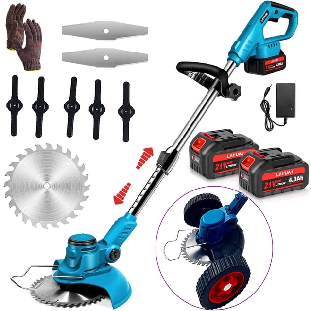 Susuzi Cordless Electric Weed Wacker, 21 V, Extendable String Trimmer shown with its components, including two 21V 1500mAh batteries, a charger, multiple blade types (manganese steel circular saw blade, stainless steel metal blades, and plastic blades), auxiliary wheels, and safety gloves. The trimmer features a blue body, ergonomic handle, adjustable telescopic rod, and a 0-90° adjustable head for versatile lawn care tasks such as trimming, edging, and mowing.