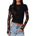 thumbnail image 1 of Women'S T-Shirt Slim Fit Lace Panel Sleeves Crop Top with Thumb Hole Round Neck Y2K Style for A Trendy Look Black S, 1 of 7
