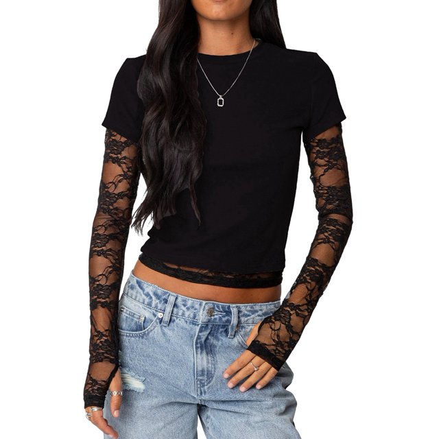 Women'S T-Shirt Slim Fit Lace Panel Sleeves Crop Top with Thumb Hole Round Neck Y2K Style for A Trendy Look Black S