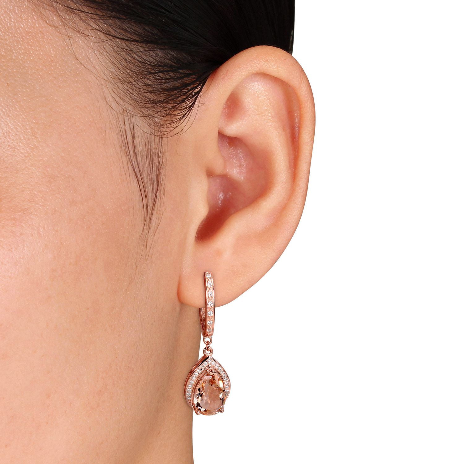 Boucles d'oreille Tangelo de forme goutte avec morganites synthétiques et zircons cubiques 6.36 CT PBT en argent sterling plaqué de rhodium rosé