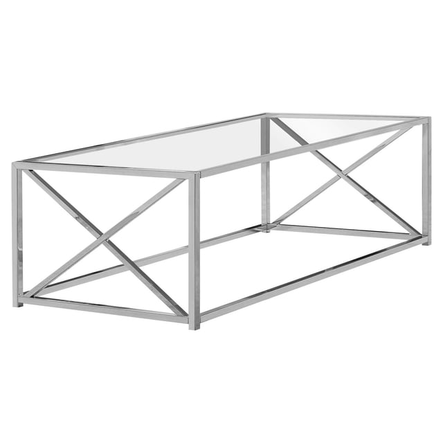 Monarch Specialties Coffee Table, Accent, Cocktail, Rectangular, Living Room, 44"l, Metal, Tempered Glass, Chrome, Clear, Contemporary, Modern with a clear tempered glass top and polished chrome metal frame featuring X-shaped side supports, shown in a 3/4 view on a white background, suitable for living rooms, offices, or dens and often used as a stylish surface for decorative objects.