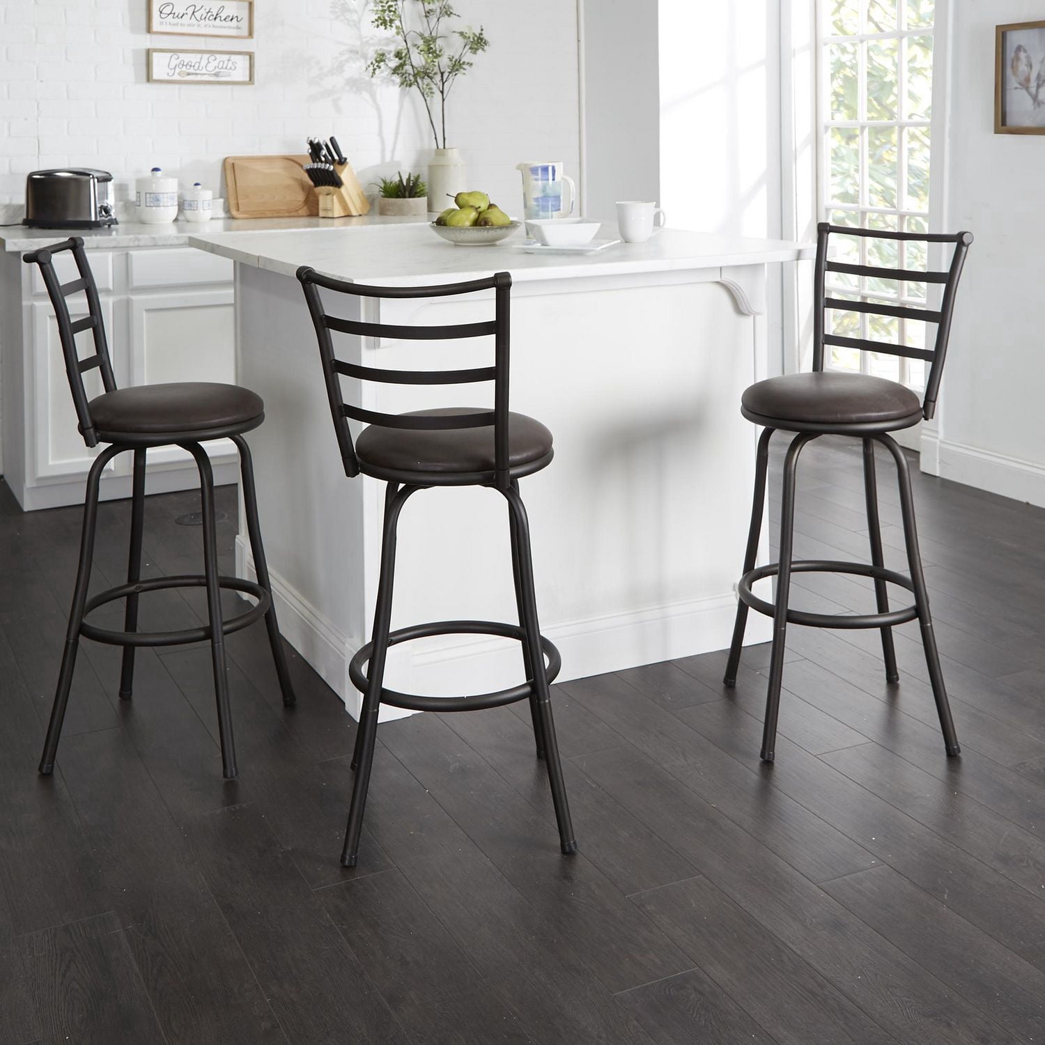 Mainstays 3 Pack Indoor Adjustable 24" or 29" Bronze Ladder Back Swivel Barstool, Espresso Vegan Leather Seat