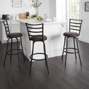 Mainstays 3 Pack Indoor Adjustable 24" or 29" Bronze Ladder Back Swivel Barstool, Espresso Vegan Leather Seat