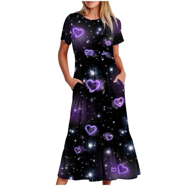 Robes d'Été Grande Taille pour Femmes 2024 à Manches Courtes, Col Rond, Coupe Ample, Imprimées, Couleur, Longue Robe, Économisez jusqu'à 65 % de Rabais!