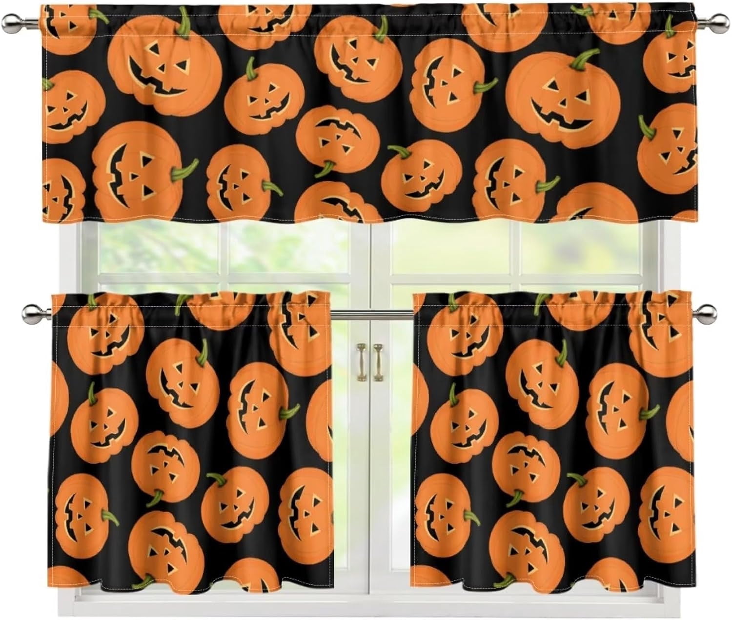Halloween Pumpkin Kitchen Curtains and Valances 3 Piece Set,Valance Curtains for Kitchen Windows Kitchen Curtains Tiers and Valances for Cafe Living Room Window Decor