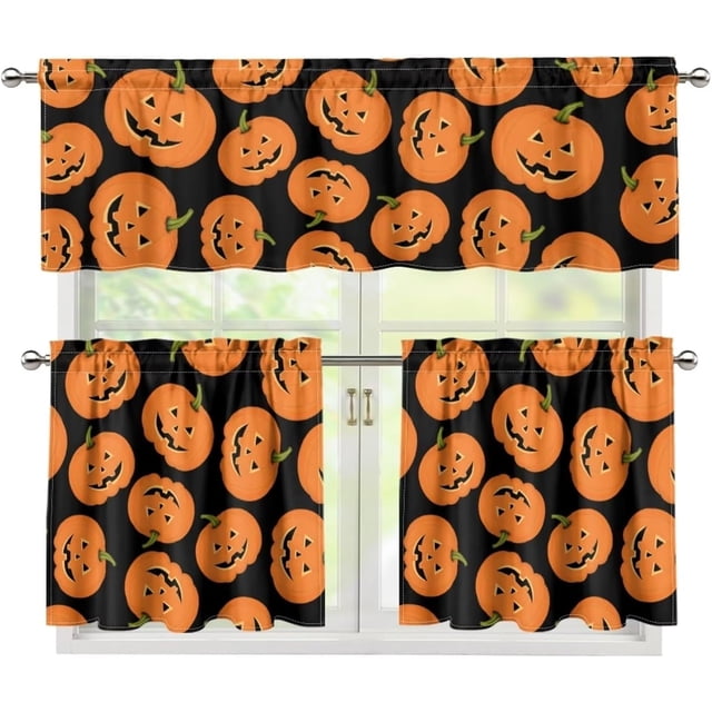 Halloween Pumpkin Kitchen Curtains and Valances 3 Piece Set,Valance Curtains for Kitchen Windows Kitchen Curtains Tiers and Valances for Cafe Living Room Window Decor