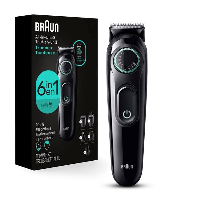 Braun All-In-One Style Kit Series 3 3460, 6-in-1 men's rechargeable trimmer with ultra-sharp blade and precision wheel offering 40 length settings, featuring ergonomic black body and power button, shown with packaging displaying 50-minute cordless runtime and multiple grooming heads for beard, hair, ear, and nose trimming.