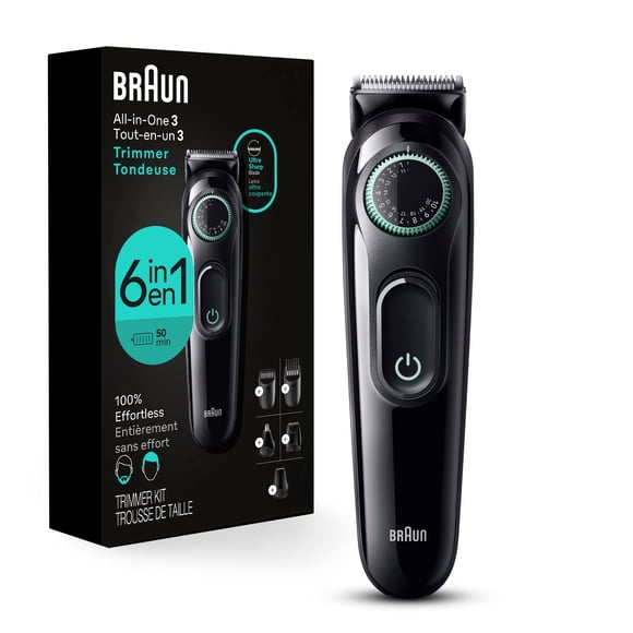 Braun All-In-One Style Kit Series 3 3460, 6-in-1 Trimmer for Men with Beard Trimmer, Ear & Nose Trimmer, Hair Clippers & More, Ultra-Sharp Blade, 40 Length Settings, Rechargeable 50-minute Battery Cor