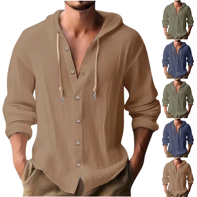 Gspmoly T-Shirt pour Hommes, Mode Décontractée pour Hommes, Bouton Solide, Col Rond, Manches Longues avec Capuche, Blouse d'Été, Offres de Vacances