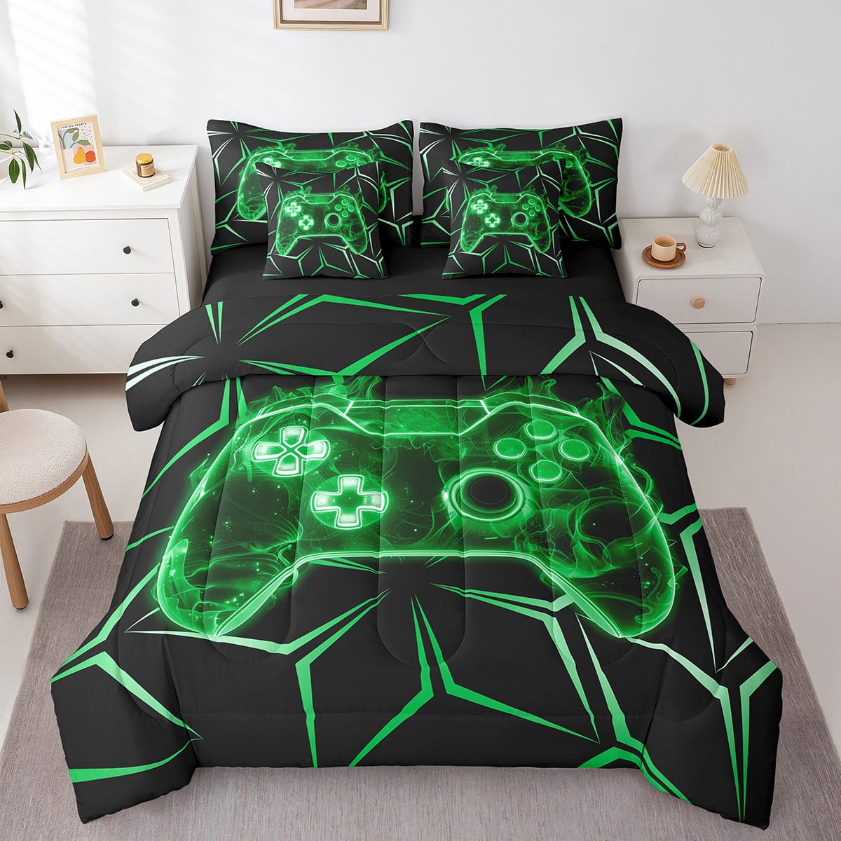 Erosebridal Striped Abstract Bed in a Bag Twin size, Futuristic Gamepad Bed Set, Gamer Sport Decor, Reversible