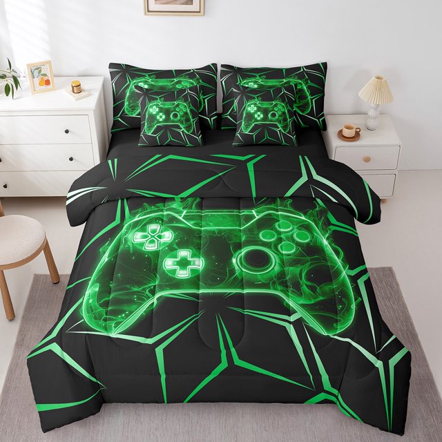 Erosebridal Striped Abstract Bedding Full Size, a 7-piece reversible set with a futuristic gamepad design in vibrant green and black tones. Perfect for kids' rooms, this set includes a comforter, flat sheet, fitted sheet, two pillowcases, and two throw pillow covers. Displayed in a modern bedroom with a white nightstand and lamp, it combines gamer-inspired decor with cozy functionality.