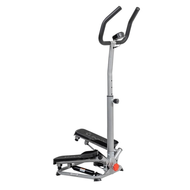 Sunny Health & Fitness Stair Stepper Machine with Handlebar – SF-S020027 in grey with adjustable handlebar, digital monitor displaying count and calories, twisting steps for lateral motion, and stabilizer ring for balance, designed for space-efficient home workouts.