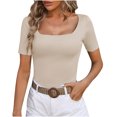 thumbnail image 1 of AherBiu Crop Tops for Women Square Neck Short Sleeve Slim Ribble Knit Blouse Going out Tops for Women, 1 of 3