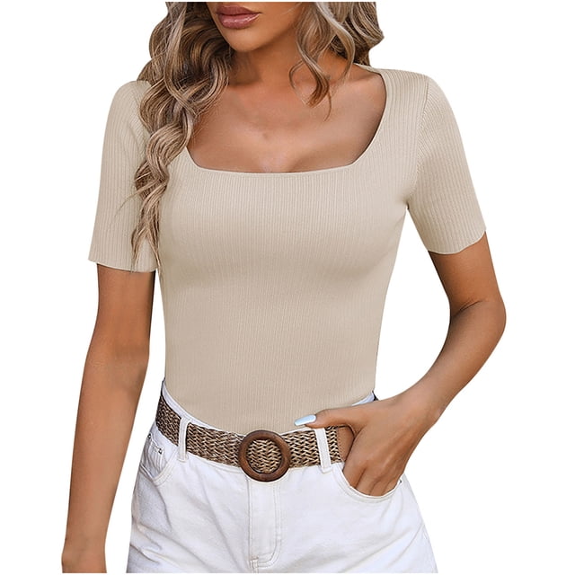 AherBiu Crop Tops for Women Square Neck Short Sleeve Slim Ribble Knit Blouse Going out Tops for Women