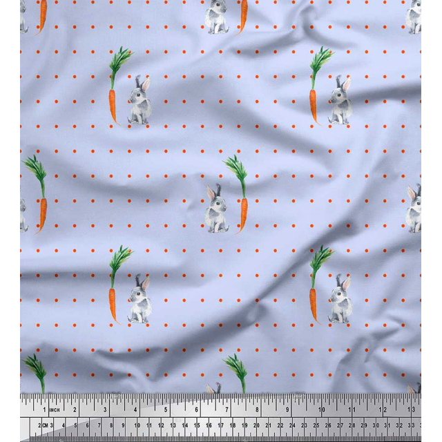 Soimoi Cotton Cambric Fabric Carrot & Rabbit Dots Printed Fabric 1 Yard 56 Inch Wide