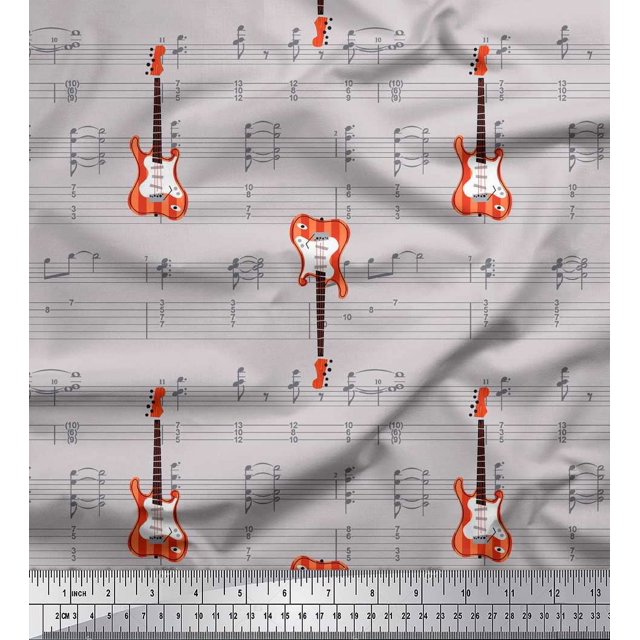 Soimoi Gray Modal Satin Fabric Notes & Guitar Musical Instrument Decor Fabric Printed Yard 42 Inch Wide